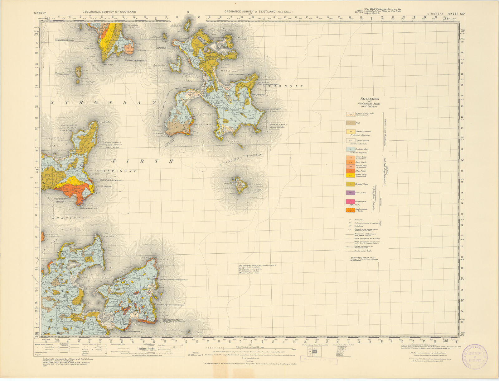 Stronsay. Geological Survey of Scotland sheet 120. Shapinsay Orkney 1955 map